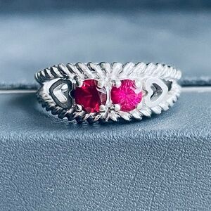 10K White Gold Natural Red & Pink Ruby 2 Stone Heart Design Cable Ring